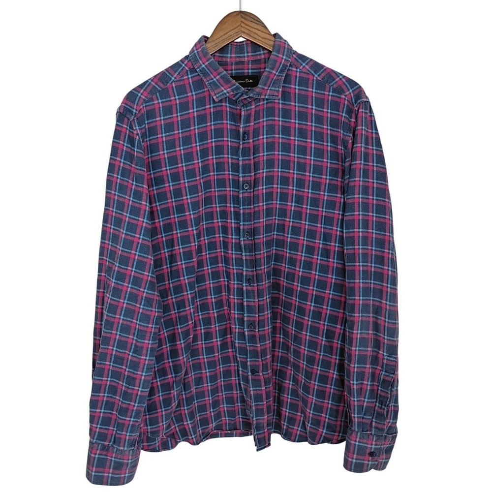 Massimo Dutti Cotton Plaid Flannel Shirt XL Long Sleeve Button Up Italian Fabric